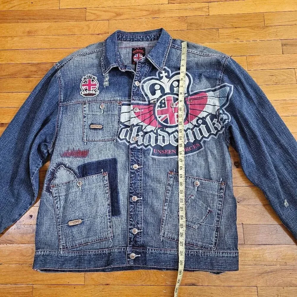 Akademiks Men Jean Jacket Unseen Forces Distressed XXL